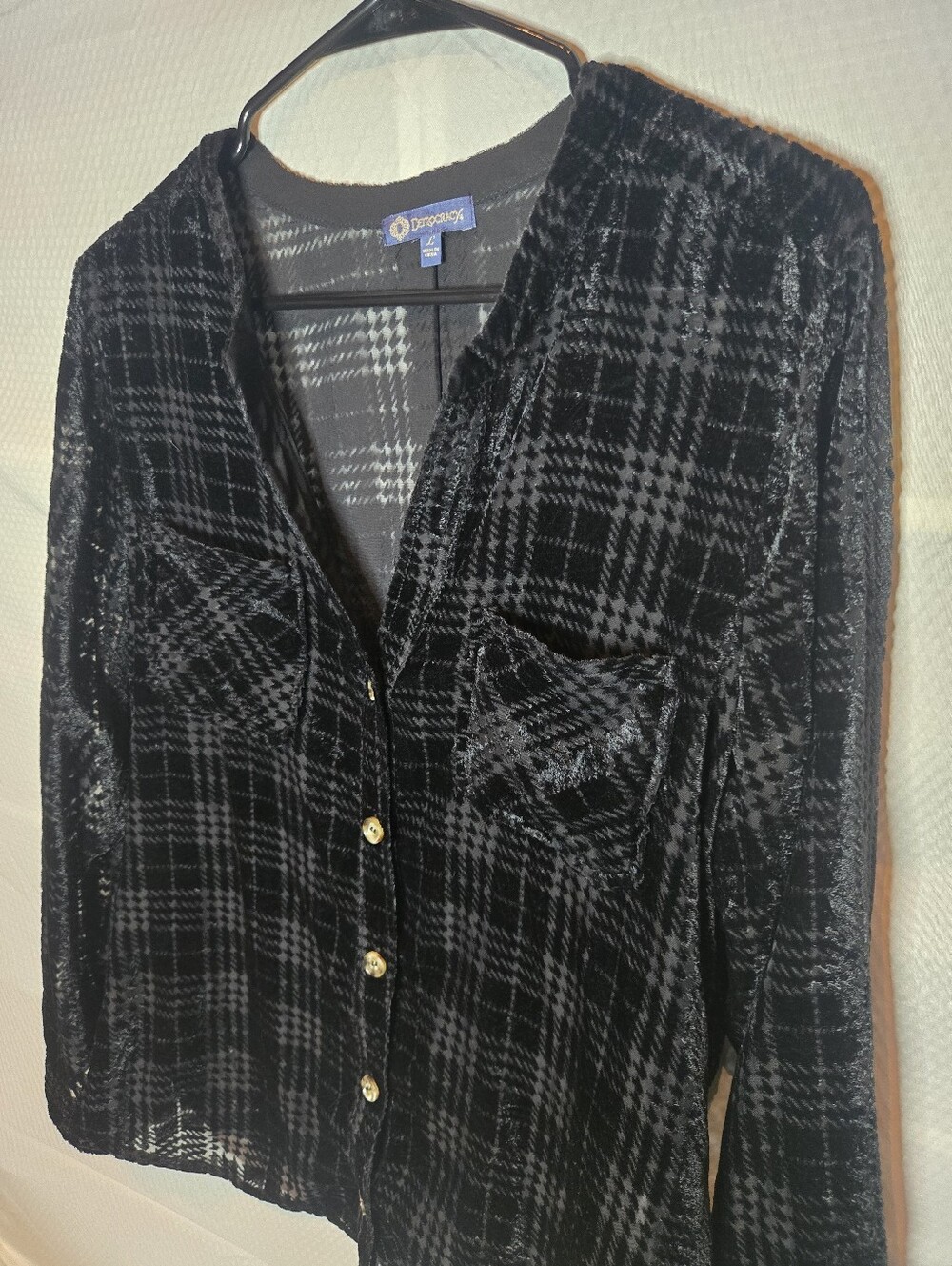 Black Plaid Velvet Sheer Button-Down Top